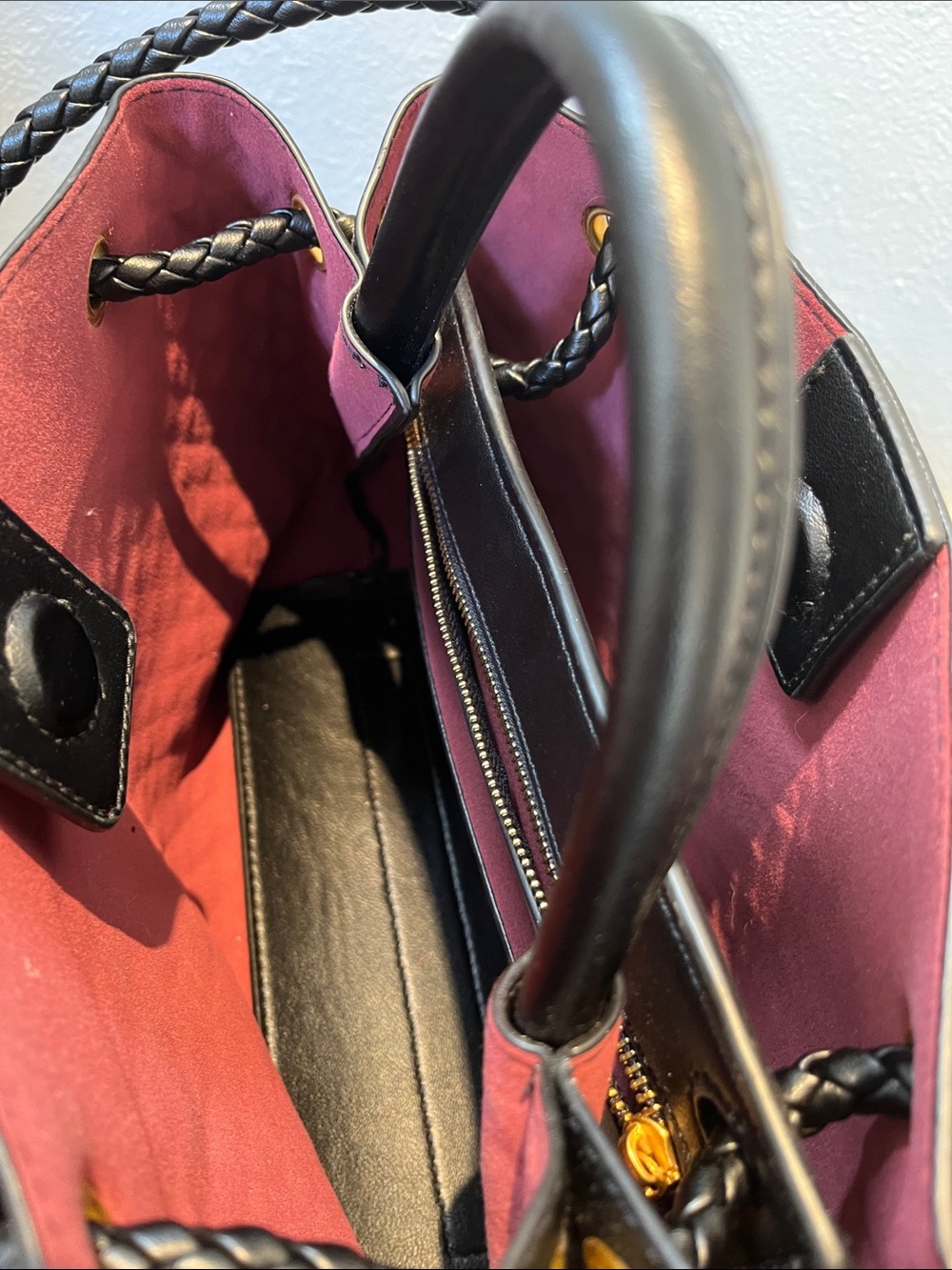Black Woven Leather Shoulder Tote with Braided Strap and Gold Accent - Picture 6 of 6